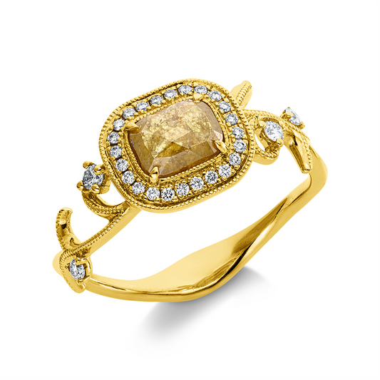 Ring 18 kt GG, 28 Brill. 0,15 ct, I-si/pi, 1 Dia.Split 0,62 ct, gelb