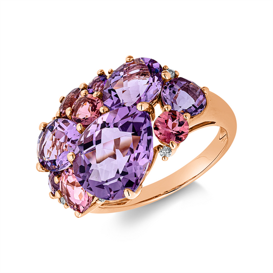 Ring 18 kt RG, 6 Brill. 0,05 ct, TW-pi, 6 Amethyste 6,20 ct lila, 4 Turmalin 1,50 ct pink