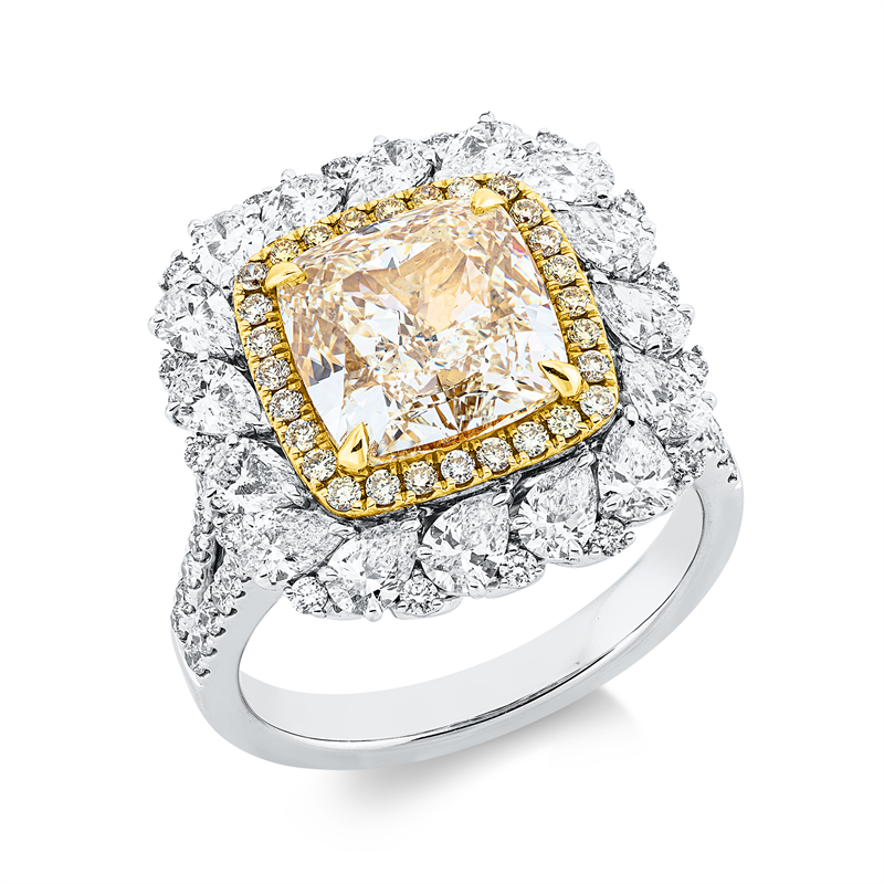 Ring 18 kt WG+GG, GIA 6292511218, 16 Tropfen 1,43 ct, TW-vvs, 47 Brill. 0,39 ct, TW-vsi/si, 1 Cushion 4,09 ct, gelb-vs2, 28 Brill. 0,19 ct, gelb
