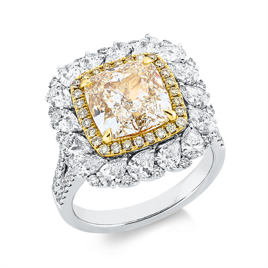 Ring 18 kt WG+GG, GIA 6292511218, 16 Tropfen 1,43 ct, TW-vvs, 47 Brill. 0,39 ct, TW-vsi/si, 1 Cushion 4,09 ct, gelb-vs2, 28 Brill. 0,19 ct, gelb