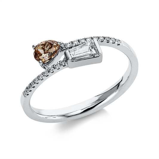 Ring 18 kt WG, 1 Trap. 0,21 ct, TW-si, 18 Brill. 0,07 ct, TW-si, 1 Tropfen 0,29 ct, braun