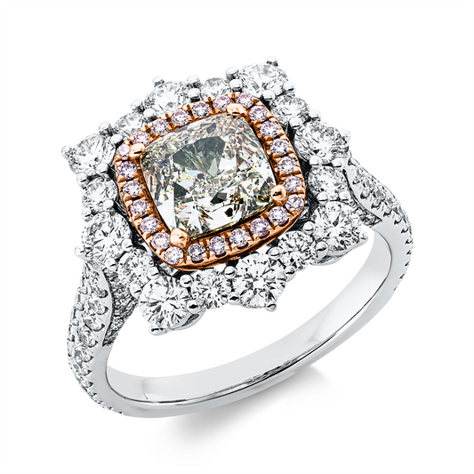 Ring 18 kt WG+RG, GIA, 106 Br 1,53 ct, TW-pi, 1 Cush 1,66 ct, grün-i1, 24 Br 0,12 ct, pink