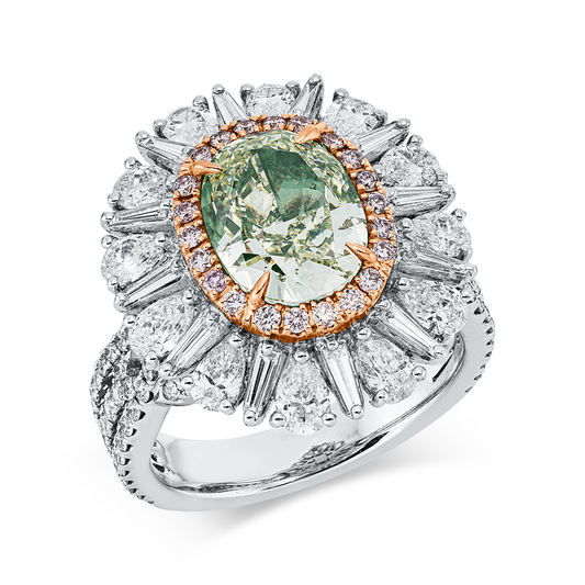 Ring 18 kt WG+RG, GIA 2354681346, 12 Tropfen 1,26 ct, TW-si, 88 Brill. 0,63 ct, TW-vsi/si, 12 Trap. 0,25 ct, TW-vsi, 1 Oval 3,04 ct, grün-vs2, 22 Brill. 0,18 ct, pink
