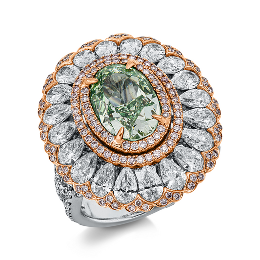 Ring 18 kt WG+RG, 20 Tropfen 2,16 ct, TW-vsi/si, 76 Brill. 0,34 ct, TW-vsi/si, 1 Oval 3,28 ct, grün-si1, 131 Brill. 0,43 ct, pink