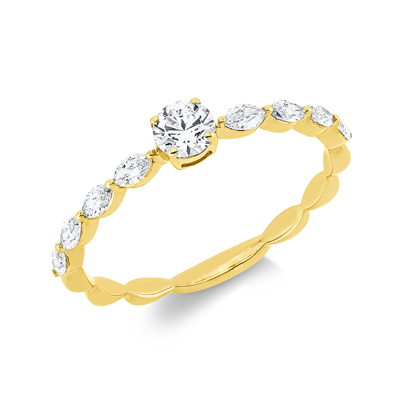 Ring 18 kt GG, 1 Brill. 0,20 ct, TW-si, 8 Nav. 0,30 ct, TW-si