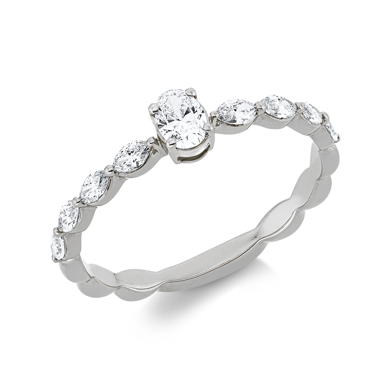 Ring 18 kt WG, 1 Oval 0,19 ct, TW-si, 8 Nav. 0,28 ct, TW-si