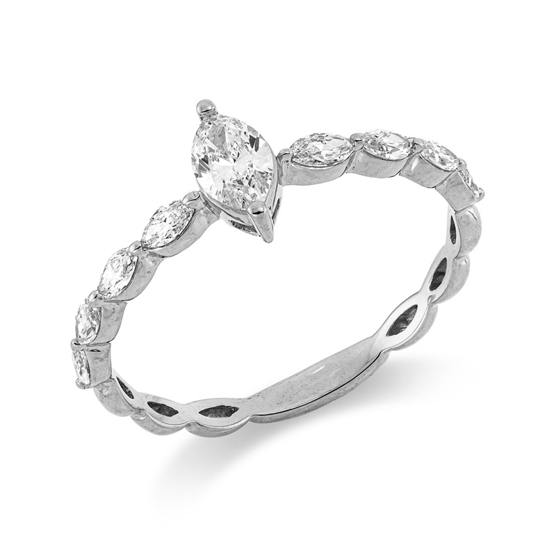Ring 18 kt WG, 1 Nav. 0,21 ct, TW-si, 8 Nav. 0,31 ct, TW-si