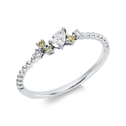 Ring 18 kt WG, 2 Brill. 0,02 ct, TW-pi, 3 Brill. 0,04 ct, gelb-si, 1 Tropfen 0,11 ct, TW-vsi