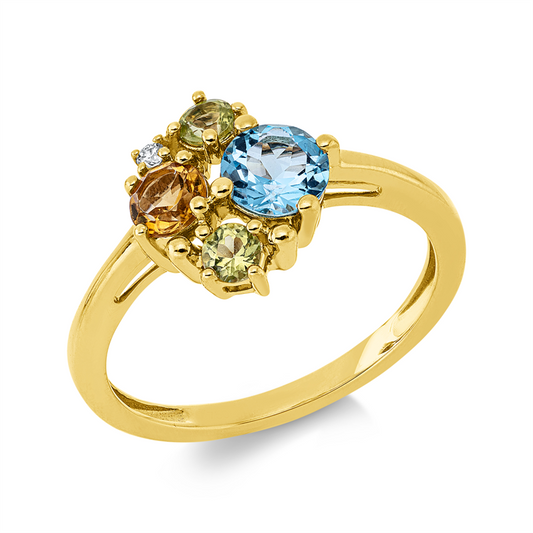 Ring 18 kt GG, 1 Brill. 0,02 ct, TW-si, 1 Citrin 0,20 ct gelb, 2 Peridot 0,25 ct grün, 1 Topas 0,58 ct blau