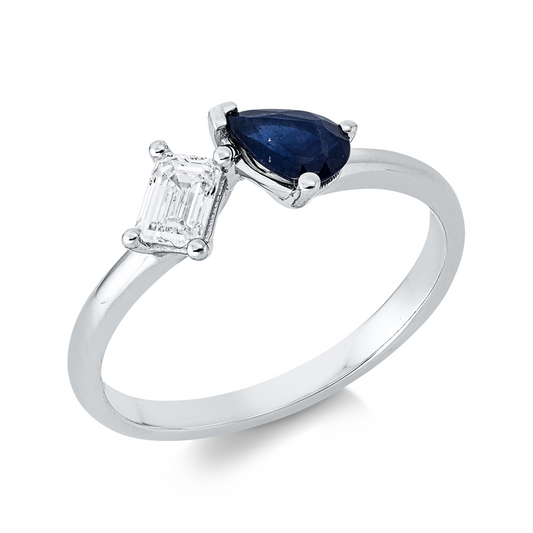 Ring 18 kt WG, 1 Sm.schliff 0,31 ct, TW-si, 1 Saphir 0,46 ct blau