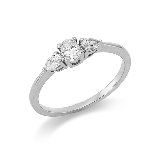 Ring 18 kt WG, 2 Tropfen 0,20 ct, TW-si, 1 Oval 0,22 ct, TW-si