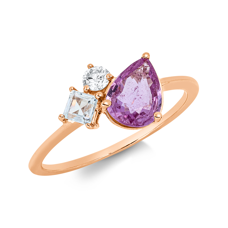Ring 18 kt RG, 1 Brill. 0,10 ct, TW-si, 1 Aquamarin 0,22 ct blau, 1 Saphir 0,93 ct pink