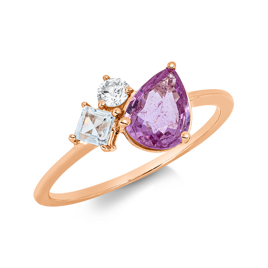 Ring 18 kt RG, 1 Brill. 0,10 ct, TW-si, 1 Aquamarin 0,22 ct blau, 1 Saphir 0,93 ct pink