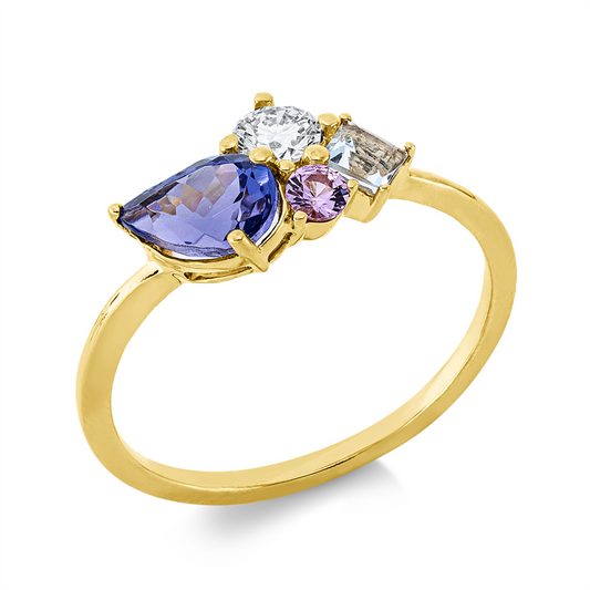 Ring 18 ktGG, 1 Br 0,19ct, TW-si, 1 Sap 0,08ct pink, 1 Tansa 0,72ct blau,1 Aquan 0,13ct blau