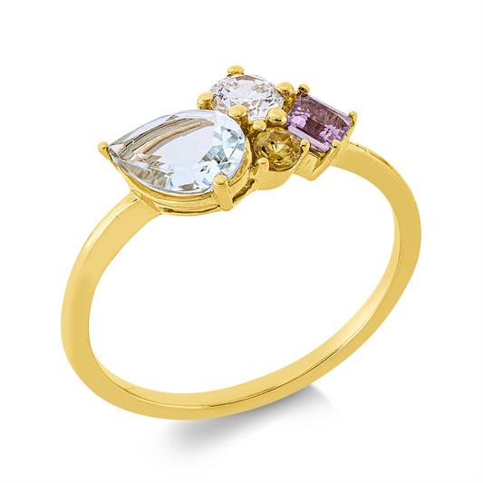 Ring 18 kt GG, 1 Brill.0,20ct, TW-si, 1 Saphir 0,21ct pink, 1 Aquamarin 0,49ct blau, 1 Saphir 0,08ct gelb