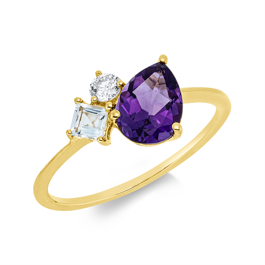 Ring 18 kt GG, 1 Brill. 0,10 ct, TW-si, 1 Amethyst 0,74 ct lila, 1 Aquamarin 0,11 ct blau