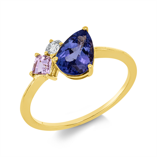 Ring 18 kt GG, 1 Brill. 0,10 ct, TW-si, 1 Tansanit 1,02 ct blau, 1 Saphir 0,25 ct pink