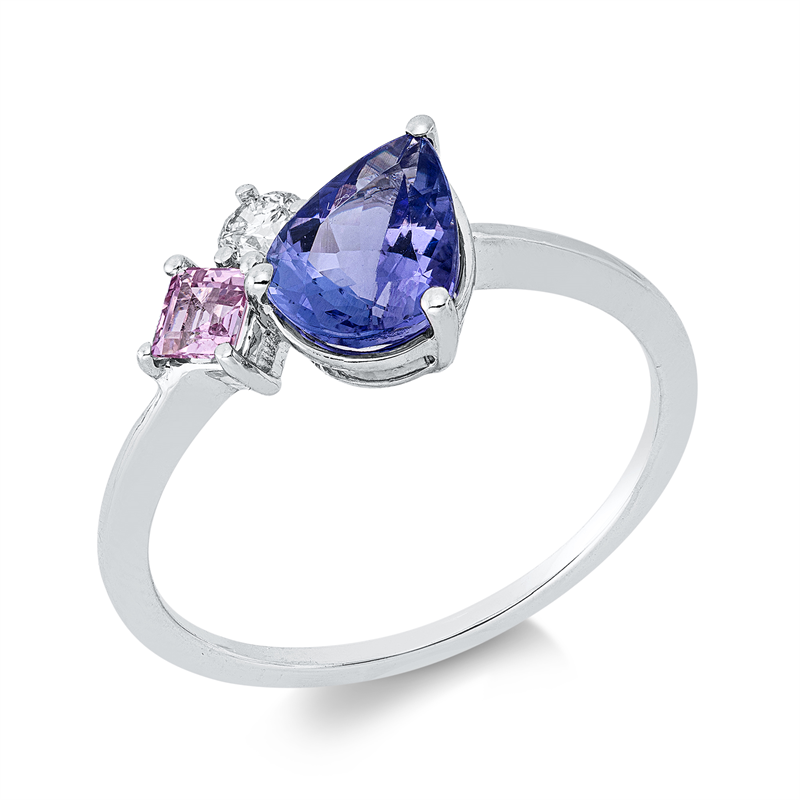 Ring 18 kt WG, 1 Brill. 0,10 ct, TW-si, 1 Tansanit 1,20 ct blau, 1 Saphir 0,20 ct pink