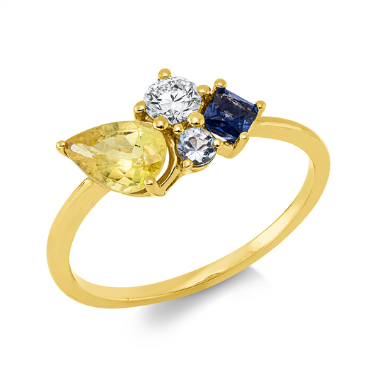 Ring 18 kt GG, 1 Brill. 0,19 ct, TW-si, 1 Tansanit 0,21 ct blau, 1 Sapp 0,95 ct gelb, 1 Aq 0,07 ct blau