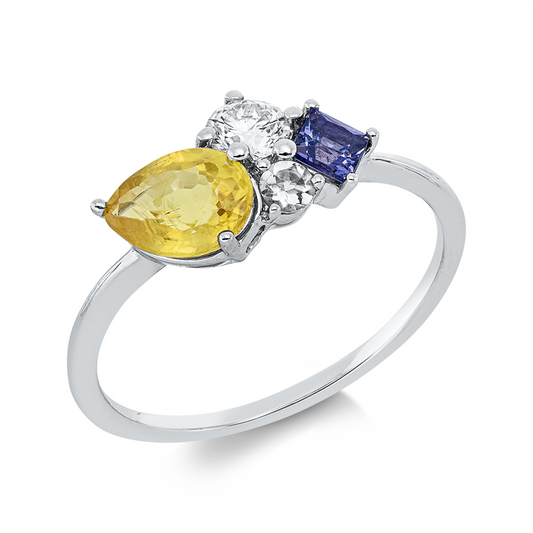 Ring 18 kt WG, 1 Brill. 0,20 ct, TW-si, 1 Tansanit 0,19 ct blau, 1 Sapp 0,95 ct gelb, 1 Aq 0,05 ct blau