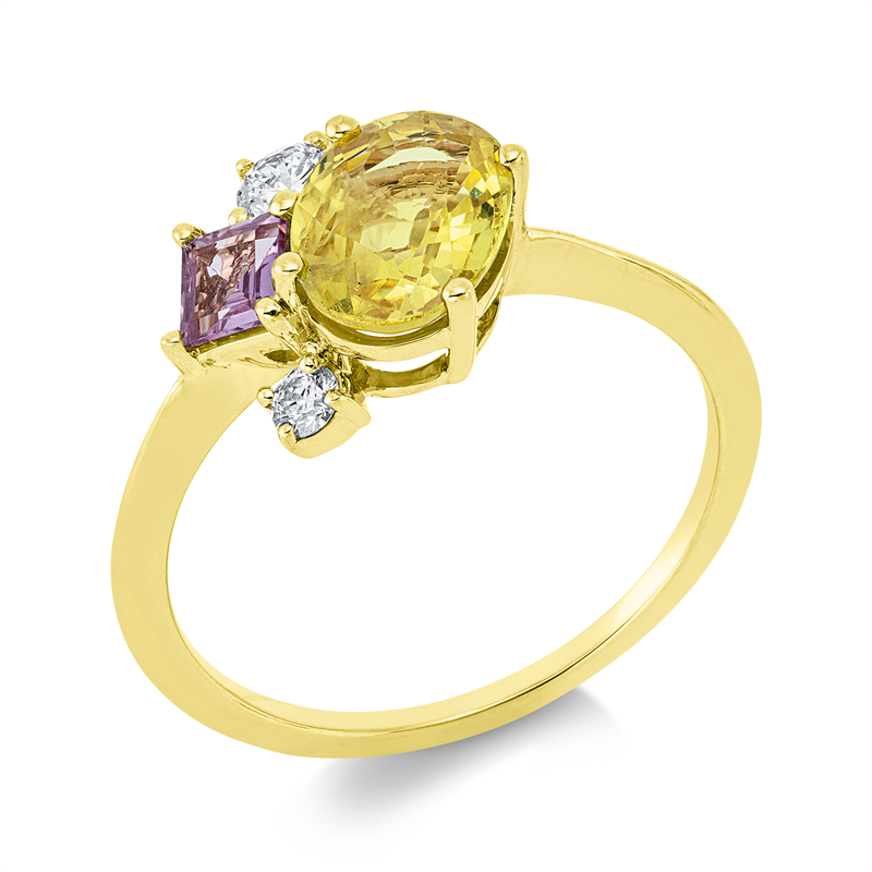 Ring 18 kt GG, 1 Brill. 0,11 ct, TW-si, 1 Brill. 0,06 ct, TW-si, 1 Saphir 1,52 ct gelb, 1 Saphir 0,38 ct pink