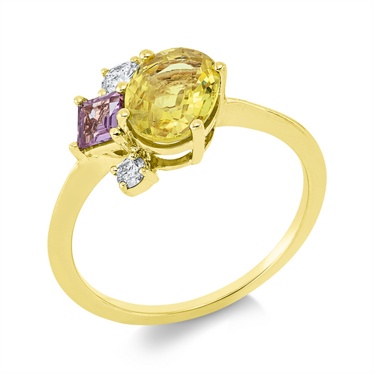 Ring 18 kt GG, 1 Brill. 0,11 ct, TW-si, 1 Brill. 0,06 ct, TW-si, 1 Saphir 1,52 ct gelb, 1 Saphir 0,38 ct pink