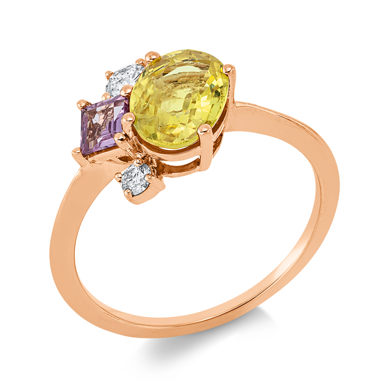 Ring 18 kt RG, 1 Brill. 0,12 ct, TW-si, 1 Brill. 0,04 ct, TW-si, 1 Saphir 1,62 ct gelb, 1 Saphir 0,24 ct pink