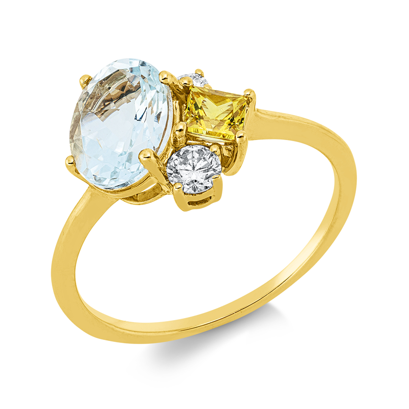 Ring 18 kt GG, 1 Brill. 0,11 ct, TW-si, 1 Brill. 0,05 ct, TW-si, 1 Aquamarin 1,18 ct blau, 1 Saphir 0,32 ct gelb