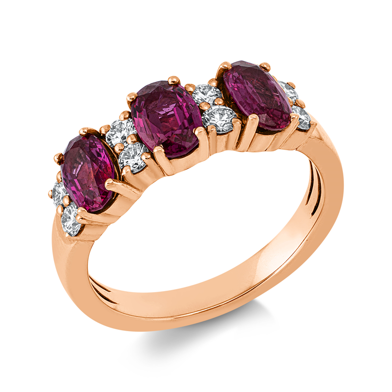 Ring 14 kt RG, 8 Brill. 0,32 ct, W-pi, 3 Rubine 1,38 ct rot