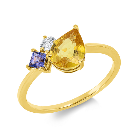 Ring 18 kt GG, 1 Brill. 0,11 ct, TW-si, 1 Saphir 1,45 ct gelb, 1 Tansanit 0,17 ct blau
