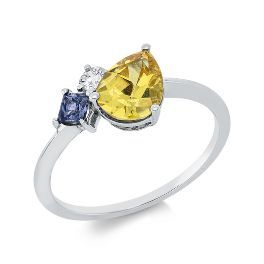 Ring 18 kt WG, 1 Brill. 0,10 ct, TW-si, 1 Tansanit 0,18 ct blau, 1 Saphir 1,25 ct gelb