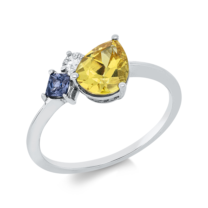 Ring 18 kt WG, 1 Brill. 0,10 ct, TW-si, 1 Tansanit 0,18 ct blau, 1 Saphir 1,25 ct gelb