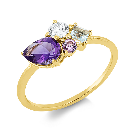 Ring 18k GG, 1 Brill. 0,18ct, TW-si, 1 Aquamarin 0,22ct blau, 1 Saphir 0,08ct pink, 1 Amethyst 0,53ct lila