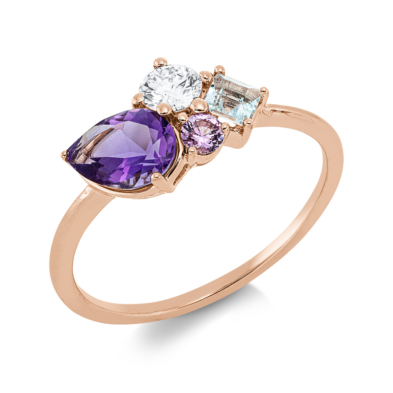 Ring 18 kt RG, 1 Brill. 0,19 ct, TW-si, 1 Aquamarin 0,20 ct blau, 1 Saphir 0,08 ct pink, 1 Amethyst 0,52 ct lila