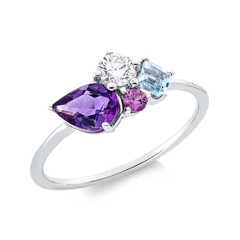 Ring 18 kt WG, 1 Brill. 0,19 ct, TW-si, 1 Aquamarin 0,20 ct blau, 1 Saphir 0,09 ct pink, 1 Amethyst 0,52 ct lila