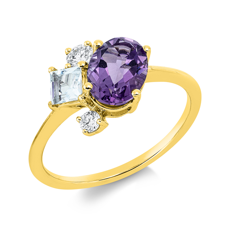 Ring 18 kt GG, 1 Brill. 0,10 ct, 1 Brill. 0,05 ct, TW-si, 1 Amethyst 1,13 ct lila, 1 Aquamarin 0,23 ct blau