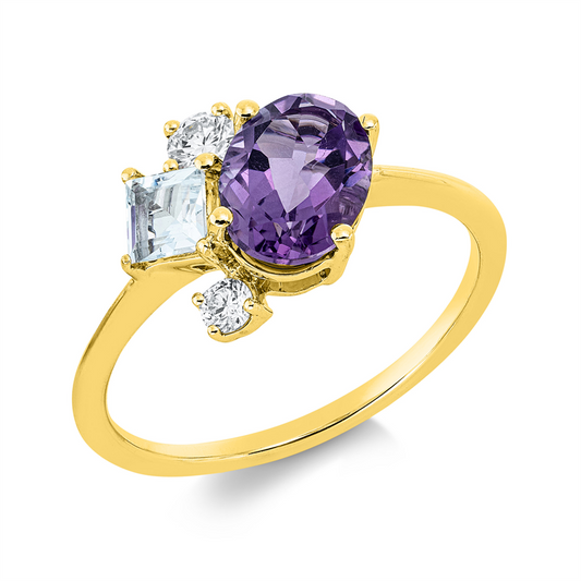 Ring 18 kt GG, 1 Brill. 0,10 ct, 1 Brill. 0,05 ct, TW-si, 1 Amethyst 1,13 ct lila, 1 Aquamarin 0,23 ct blau