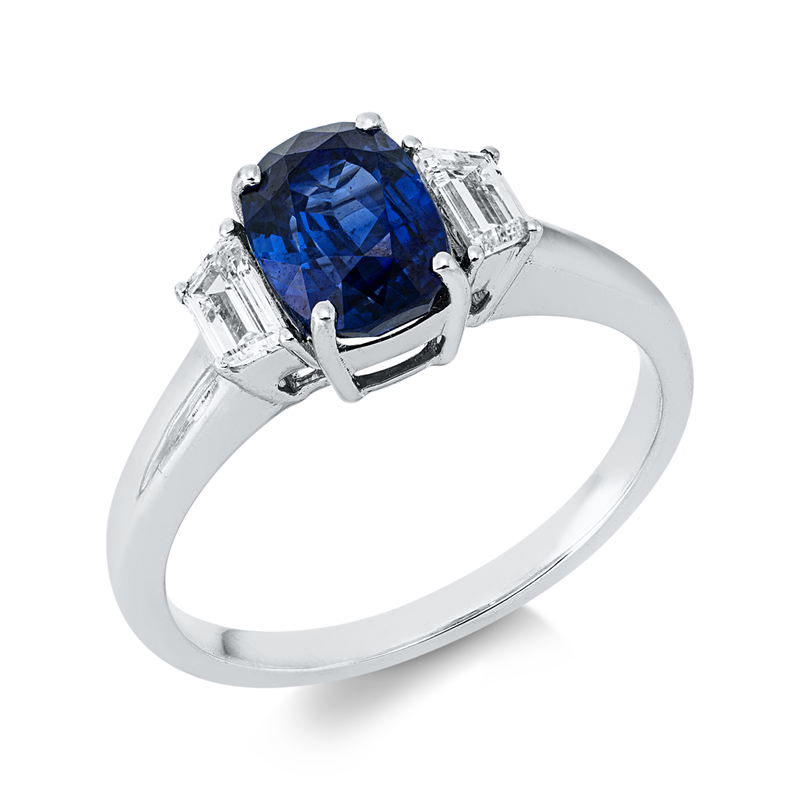Ring 18 kt WG, GSI-84175500102, 2 Fant-Schl. 0,33 ct, F/TW-vsi, 1 Saphir 1,94 ct blau