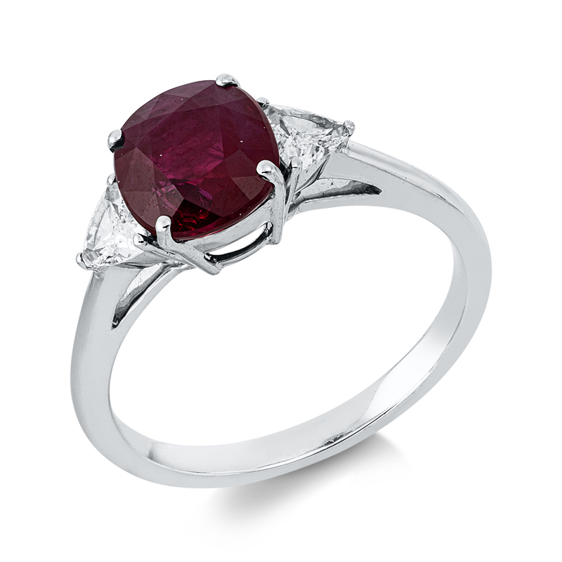 Ring 18 kt WG, GFCO-AAP1141, 2 Fant-Schl. 0,33 ct, F/TW-vsi, 1 Rubin 1,57 ct rot
