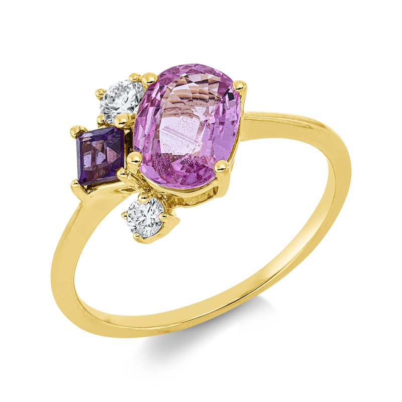 Ring 18 kt GG, 1 Brill. 0,05 ct, TW-si, 1 Brill. 0,11 ct, TW-si, 1 Amethyst 0,17 ct lila, 1 Saphir 1,24ct pink