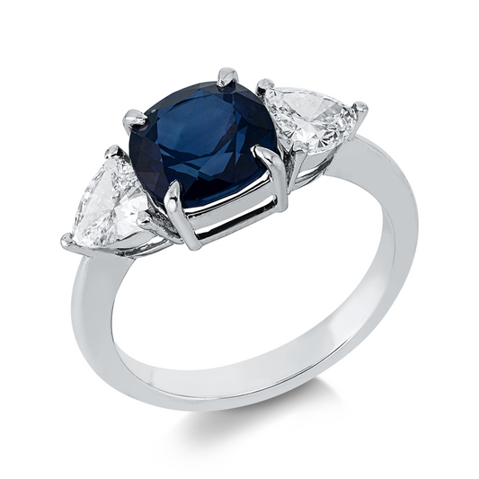 Ring 18 kt WG, HRD-J250000042140, 2 Fant-Schl. 0,97 ct, F/TW-vsi/si, 1 Saphir 2,91 ct blau