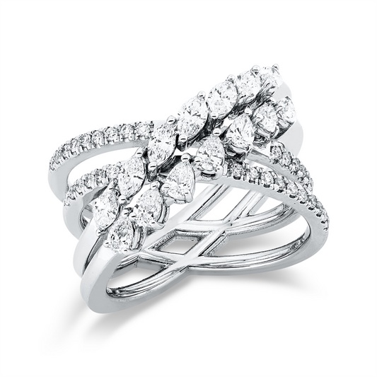 Ring 18 kt WG, 7 Tropfen 0,40 ct, 36 Brill. 0,21 ct, 7 Nav. 0,47 ct, F/TW-si