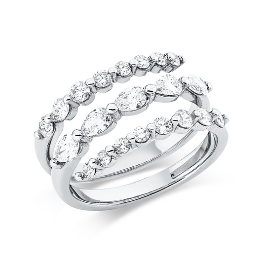 Ring 18 kt WG, 10 Brill. 0,56 ct, F/TW-si, 9 Brill. 0,16 ct, F/TW-si, 5 Nav. 0,59 ct, F/TW-si