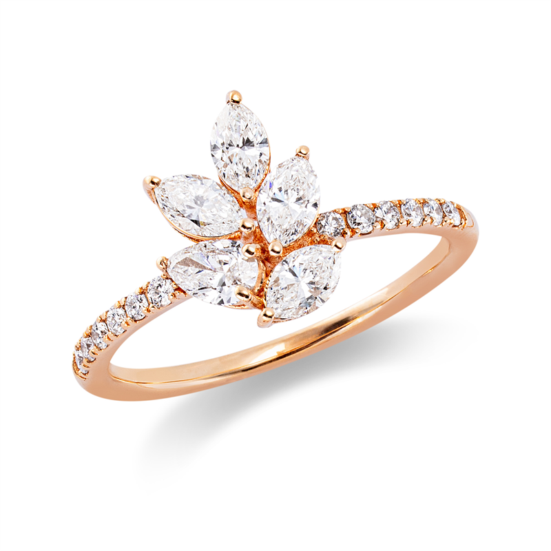 Ring 18 kt RG, 1 Tropfen 0,18 ct, TW-si, 12 Brill. 0,14 ct, TW-si, 4 Nav. 0,57 ct, TW-si