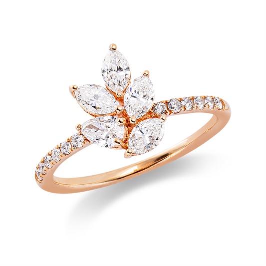 Ring 18 kt RG, 1 Tropfen 0,18 ct, TW-si, 12 Brill. 0,14 ct, TW-si, 4 Nav. 0,57 ct, TW-si