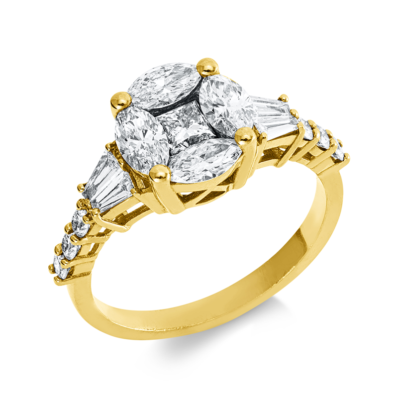 Ring 18 kt GG, 4 Trap. 0,94 ct, 6 Brill. 0,18 ct, 4 Bag. 0,22 ct1 Princ. 0,19 ct, F/TW-si