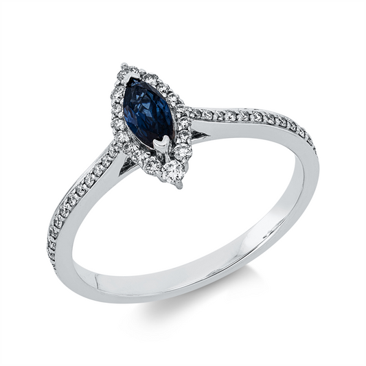 Ring 18 kt WG, 40 Brill. 0,24 ct, W-si, 1 Saphir 0,32 ct blau