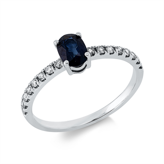 Ring 18 kt WG, 16 Brill. 0,22 ct, W-si, 1 Saphir 0,63 ct blau
