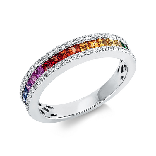 Ring 18 kt WG, 56 Brill. 0,30 ct, W-si, 17 Saphire 0,94 ct fancy