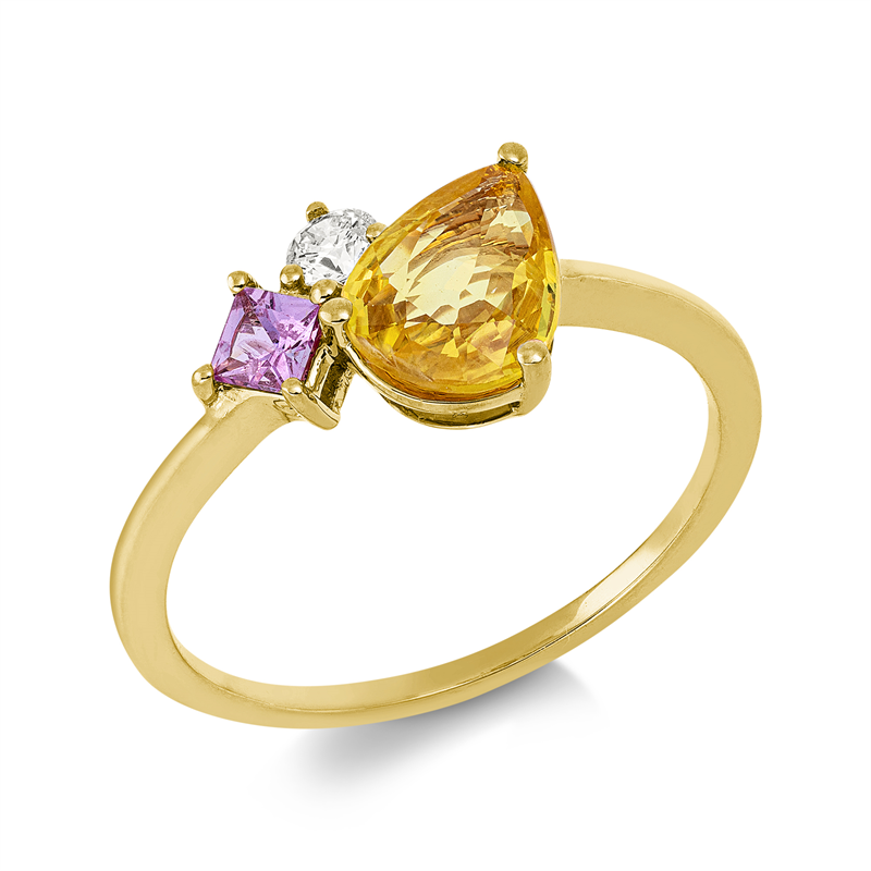 Ring 18 kt GG, 1 Brill. 0,10 ct, TW-si, 1 Saphir 1,17 ct gelb, 1 Saphir 0,16 ct pink